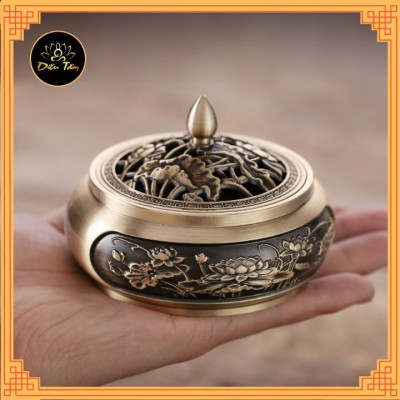  Lư xông trầm hương khắc Sen cổ điển tặng combo nhang vòng/ trầm nụ