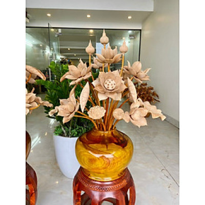 1 Bình hoa sen gỗ hương đỏ, trang trí phòng khách ,phòng thờ ,25 cành hoa lá gương bằng gỗ ngọc am thơm phức  