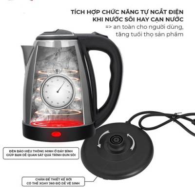 Ấm Đun Nước Siêu Tốc 1.8L Tiện Dụng - Bình INOXInnox + nhựa - Hàng Chính Hãng