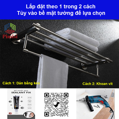 Giá treo khăn nhà tắm kiểu giàn inox 304 Pimisi không cần khoan dùng để quần áo khô và vắt khăn ướt ở thanh treo đơn dưới, phụ kiện phòng tắm gắn tường bằng keo dán kèm theo | Hàng chính hãng