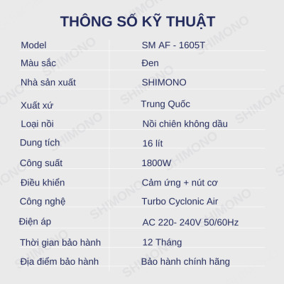 Nồi Chiên Không Dầu SHIMONO SM-AF1605T 16L 1800W Cao Cấp Tiêu Chuẩn FDA Hoa Kỳ, LFGB Đức Tặng Kèm Trọn Bộ 9 Phụ Kiện Hàng Chính Hãng