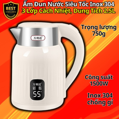 Ấm Đun Nước Siêu Tốc Inox 304 Cao Cấp – 3 Lớp Cách Nhiệt, 1500W, Dung Tích 2.5L Hàng chính hãng D Danido
