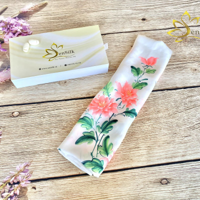 Tơ Lụa Bảo Lộc Vẽ Tay Mẫu Đơn SenSilk - Quà Tặng Khách Vip 180x55cm, Khăn Lụa Tơ Tằm Vẽ Thủ Công Việt Nam