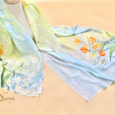 100% Mulberry Silk Scarf Water Marble Hand Painted - Khăn Lụa Cao Cấp Sen Silk Thuỷ Ấn Tulip - Quà Tặng Đẳng Cấp - Vietnam Handmade Gift