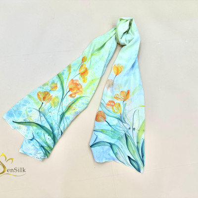 100% Mulberry Silk Scarf Water Marble Hand Painted - Khăn Lụa Cao Cấp Sen Silk Thuỷ Ấn Tulip - Quà Tặng Đẳng Cấp - Vietnam Handmade Gift