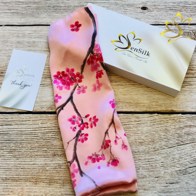 Khăn Lụa Tơ Tằm Vẽ Tay SenSilk Limited Hoa Đào - Quà Tặng May Mắn, 100% Silk made in Vietnam 180x55cm