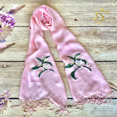 Lụa Tơ Tằm Bảo Lộc Thêu Tay Hoa Ngọc Lan 200x55cm SenSilk, Quà Việt Nam, Hand Embroidery Silk