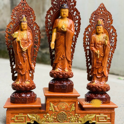 Bộ tượng phật tam thánh bằng gỗ hương đá làm mầu giả cổ kt cao 40cm