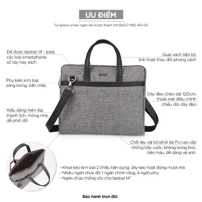 Túi công sở nam nữ đựng laptop 14 inch IDIGO MB2 - 410, túi đựng tài liệu A4 ngăn kéo trước thanh lịch