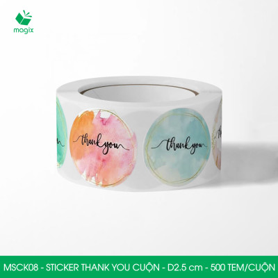 MSCK08 - D2.5 cm - 1 Cuộn 500 sticker thank you tròn, nhãn dán thank you, tem dán cảm ơn
