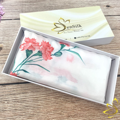 Khăn Lụa Vuông SenSilk Vẽ Tay Hoa Cẩm Chướng 75*75cm, Khăn Lụa Cao Cấp 
