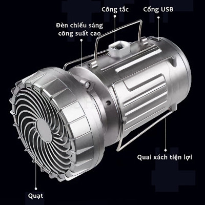 Đèn năng lượng mặt trời kèm quạt GSH9299 cầm tay sử dụng pin Lithium tiện dụng, tích điện 3 chức năng đèn pin, quạt và cổng đầu ra USB, chống nước đi cắm trại, dã ngoại - Hàng chính hãng