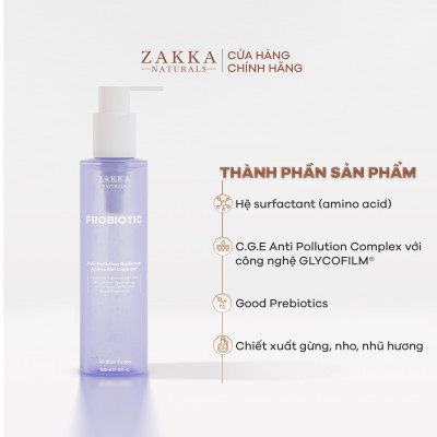 Gel Rửa Mặt Zakka Naturals Loại Bỏ Bụi Mịn, Sạch Sâu, Ngừa Mụn, Sáng da Probiotic Anti-Pollution Radiance Amino Gel 150ml