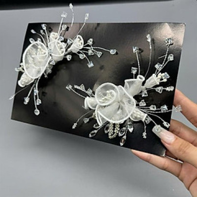 Cài tóc cô dâu hoa hồng vải lụa mẫu mới đính đá