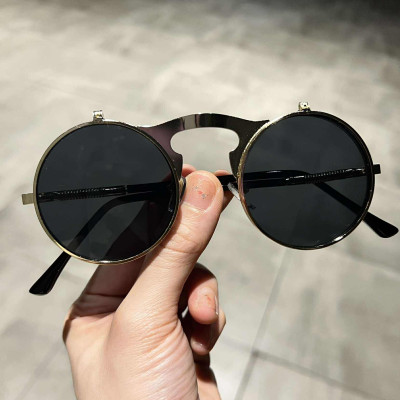 Kính râm unisex nam nữ Mắt tròn 2 lớp bật nắp gọng kim loại