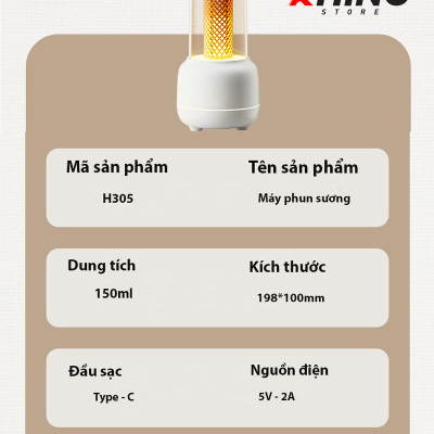 Máy phun sương tạo độ ẩm mini Rhino H305 tự ngắt khi hết nước kèm đèn hàng chính hãng