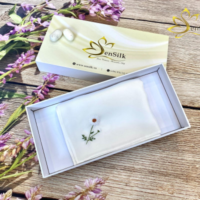 Khăn Tay Thêu Cúc Họa Mi SenSilk 35 x 35 cm - Embroidered Handkerchief Silk, Lụa Tơ Tằm Bảo Lộc Cao Cấp made in Vietnam