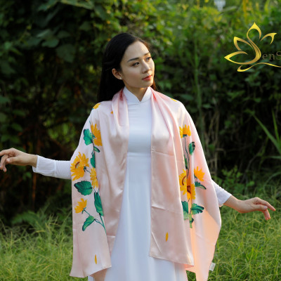 SenSilk Silk Painting Scarf  - Khăn Lụa Vẽ Tay Hướng Dương 180x90cm, Quà Tặng Người Nước Ngoài, Tơ Lụa Bảo Lộc Cao Cấp