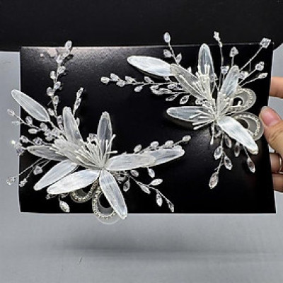 Cài tóc cô dâu hoa ánh nhũ bạc đính hạt đá mới