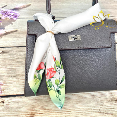 Khăn Lụa Quấn Túi Cao Cấp Vẽ Tay Hoa Hồng SenSilk, Khăn Lụa Tơ Tằm Quấn Cổ Thắt Nơ 55x55cm