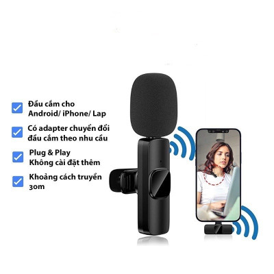 Micro thu âm không dây K9 cài áo lọc tiếng ồn cao cấp dùng để Livestream, quay video, ghi âm cho điện thoại - Hàng chính hãng