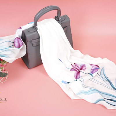 Khăn Lụa Vuông Cao Cấp Vẽ Tay Cao Cấp Hoa Diên Vĩ SenSilk, Lụa Tơ Tằm Thuần Việt