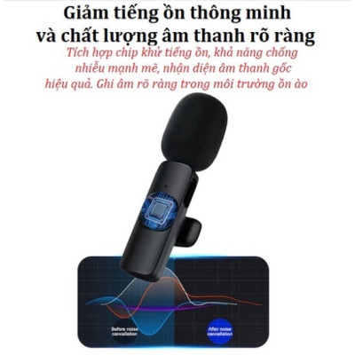 Micro thu âm không dây K9 cài áo lọc tiếng ồn cao cấp dùng để Livestream, quay video, ghi âm cho điện thoại - Hàng chính hãng