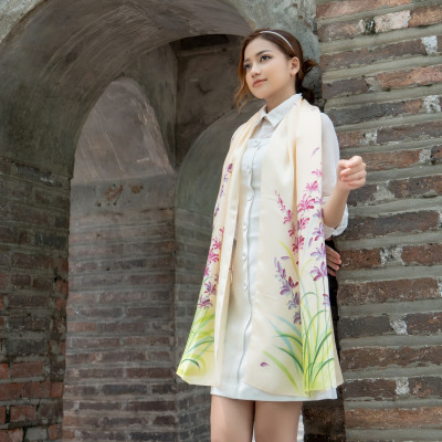 Khăn Choàng Cổ Lụa Vẽ Tay Lavender SenSilk 180x55cm, Quà Tết 2022, Khăn Quàng Cổ Cao Cấp
