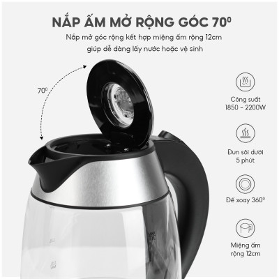 Ấm siêu tốc thuỷ tinh 1,8lit Lebenlang LBE2819 (hàng chính hãng)