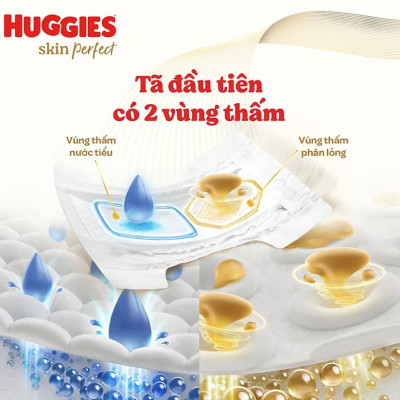 Tã/bỉm dán sơ sinh Huggies Skin Perfect NB 70+4 miếng với 2 vùng thấm giảm kích ứng da