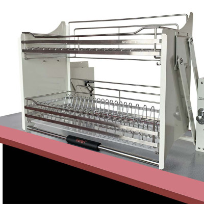 Giá đựng bát 2 tầng bằng inox (Giá bát đĩa di động nâng hạ Gerari chính hãng, chất liệu Inox 304 bóng mờ cao cấp)