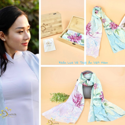 Khăn Lụa Thủy Ấn Vẽ Tay SenSilk Hoa Mẫu Đơn, Khăn Quàng Lụa Tơ Tằm, Khăn Choàng Lụa Cao Cấp