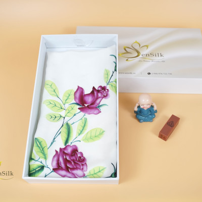 Khăn Vuông Lụa Vẽ Tay Hoa Hồng SenSilk, Khăn Lụa Thời Trang Cao Cấp 75*75cm