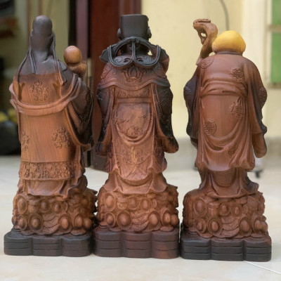 Tượng phật tam đa phúc lộc thọ bằng gỗ hương đá tô làm mầu giả cổ kt 40×15×13cm