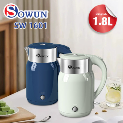 Ấm Siêu Tốc Chính Hãng SOWUN SW1601 1.8L, Chất Liệu INOX Nguyên Khối, Công Suất 1800W Đun Sôi Nước Nhanh