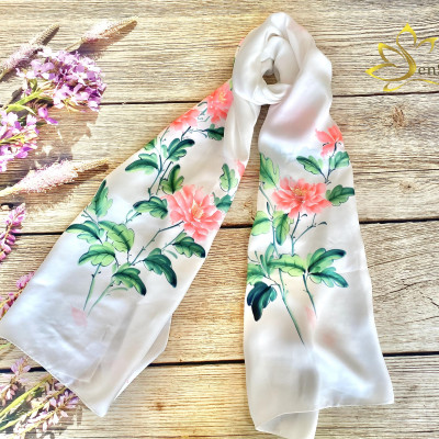 Tơ Lụa Bảo Lộc Vẽ Tay Mẫu Đơn SenSilk - Quà Tặng Khách Vip 180x55cm, Khăn Lụa Tơ Tằm Vẽ Thủ Công Việt Nam