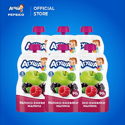 Combo 6 Gói Trái cây nghiền vị táo, mâm xôi đen và mâm xôi đỏ Agusha 90g/gói dành cho bé từ 5 tháng trở lên