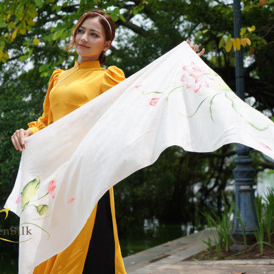 Khăn Lụa Vẽ Hoa Sen - SenSilk - Quà Tặng Khách Nước Ngoài, Quốc Hoa Việt Nam, Phụ Kiện Thời Trang Nữ Cao Cấp, Silk Painting Scarf, Water Marbling, Khăn Dệt Làng Nghề Truyền Thống. 