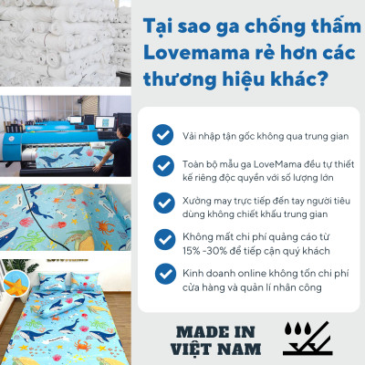 Ga chống thấm Cotton LoveMama Sóng Biển chính hãng loại 1 mềm mại thoáng mát