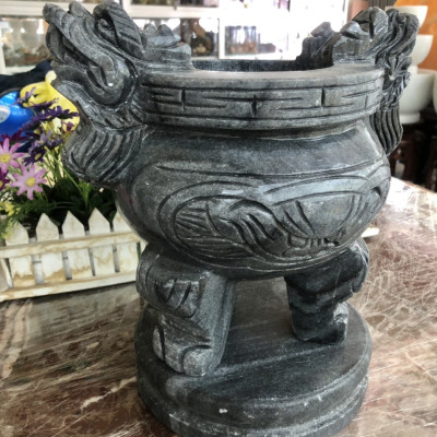 Lư hương, bát hương, bát nhang chạm rồng thờ cúng trang trí bàn thờ, mộ đá cẩm thạch vân đen - Cao 30cm