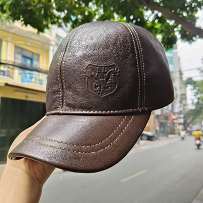 Mũ lưỡi trai nam da bò dập nổi BHY2023 Nón nam da thật có che tai. Phom cứng vừa vòng đầu 56-60cm