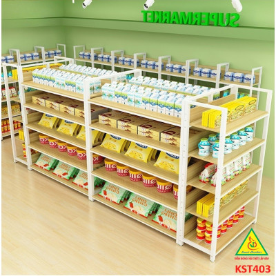 Kệ trưng bày sản phẩm, hàng hóa , kệ trang trí khung sắt mặt gỗ KST403 - Nội thất lắp ráp Viễn Đông Adv