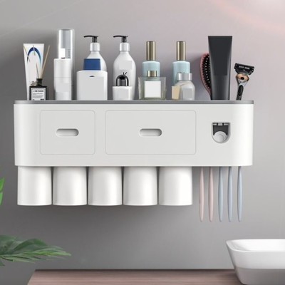 Giá treo bàn chải kem đánh răng kèm 5 cốc cho cả gia đình, bộ nhả kem đánh răng tự động lắp đặt dán tường - Hàng Chính Hãng - Tặng kèm sticker