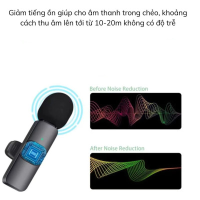 Micro thu âm không dây K9 cài áo lọc tiếng ồn cao cấp dùng để Livestream, quay video, ghi âm cho điện thoại - Hàng chính hãng