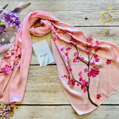 Khăn Lụa Tơ Tằm Vẽ Tay SenSilk Limited Hoa Đào - Quà Tặng May Mắn, 100% Silk made in Vietnam 180x55cm