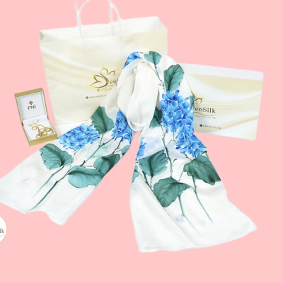 Silk Hand Painted 100% Pure Silk - Khăn Lụa Cao Cấp Vẽ Tay Cẩm Tú Cầu - Quà Tặng Khăn Lụa