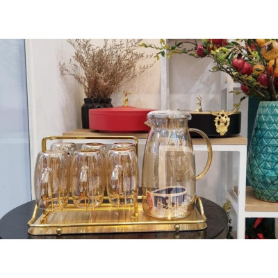 Combo bình đựng nước uống thủy tinh chịu nhiệt cao cấp kèm khay inox mạ vàng, xanh