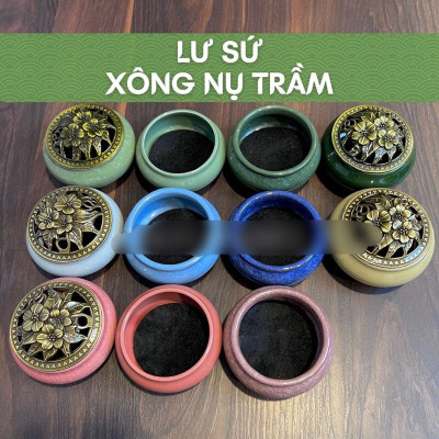 Lư xông trầm bằng gốm , lư hương sứ , có tấm lót chống nóng , chống ố vàng đáy lư kèm đế cắm nhang que , nhang vòng vô cùng tiện lợi 