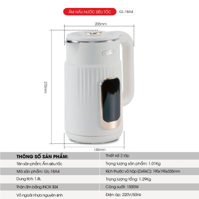 Ấm siêu tốc Gali GL-18A4 2 lớp INOX 304 nguyên khối màn hình hiển thị độ giữ ấm. Hàng chính hãng, bảo hành 24 tháng