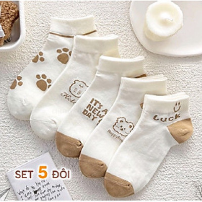 Tất Nữ, Combo 5 Đôi Tất Nữ Cổ Ngắn, Mẫu Tất Nữ Hình Gấu Nhiều Màu Dễ Thương Thời Trang - Giao Mẫu Ngẫu Nhiên